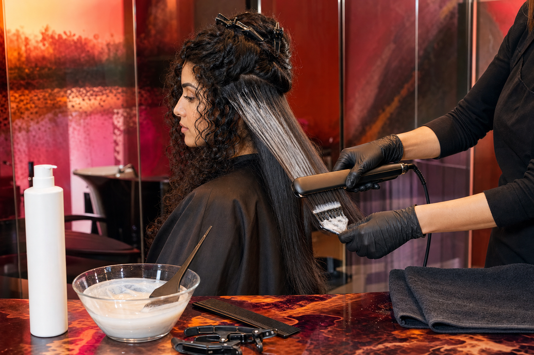 Stylist applying a smoothing treatment to sectioned hair in a bright, ventilated professional salon