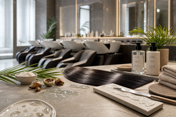 Empty professional salon interior with chrome fixtures and warm light — editorial beauty photography