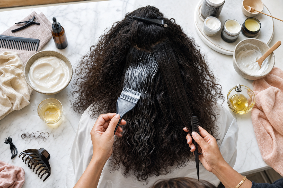 Stylist examining a section of frizzy hair beside hydrating masks, treatment ampoules, a brush, and professional smoothing products