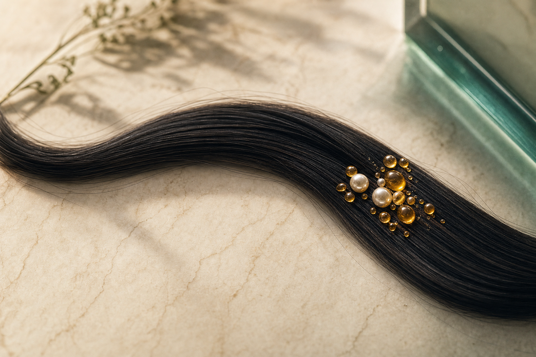 Glossy straight hair beside a professional protein hair treatment product