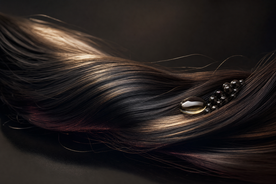 Glossy smooth hair beside a protein hair treatment product bottle