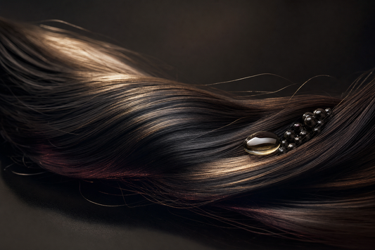 Glossy smooth hair beside a protein hair treatment product bottle