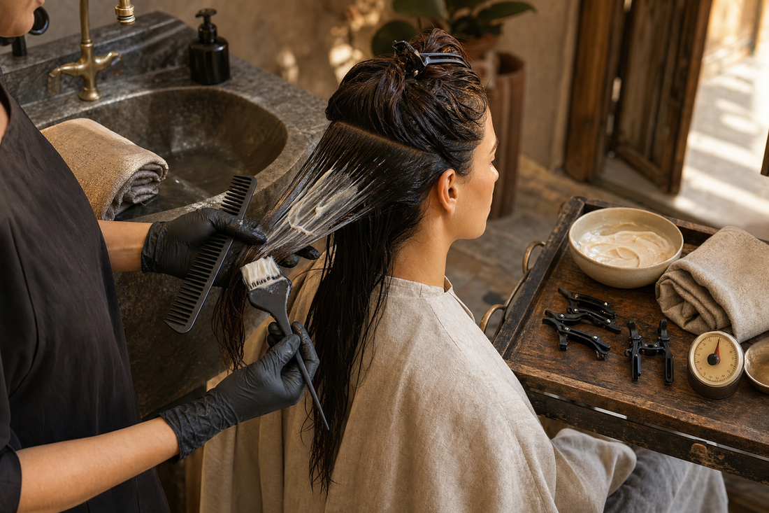 Stylist applying a conditioning hair treatment to sectioned damp hair at a salon workstation