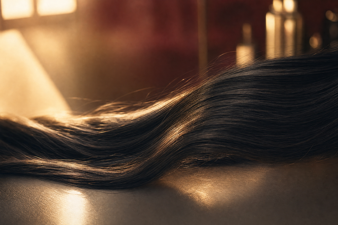 Glossy straight hair beside formaldehyde-free smoothing and hair care products