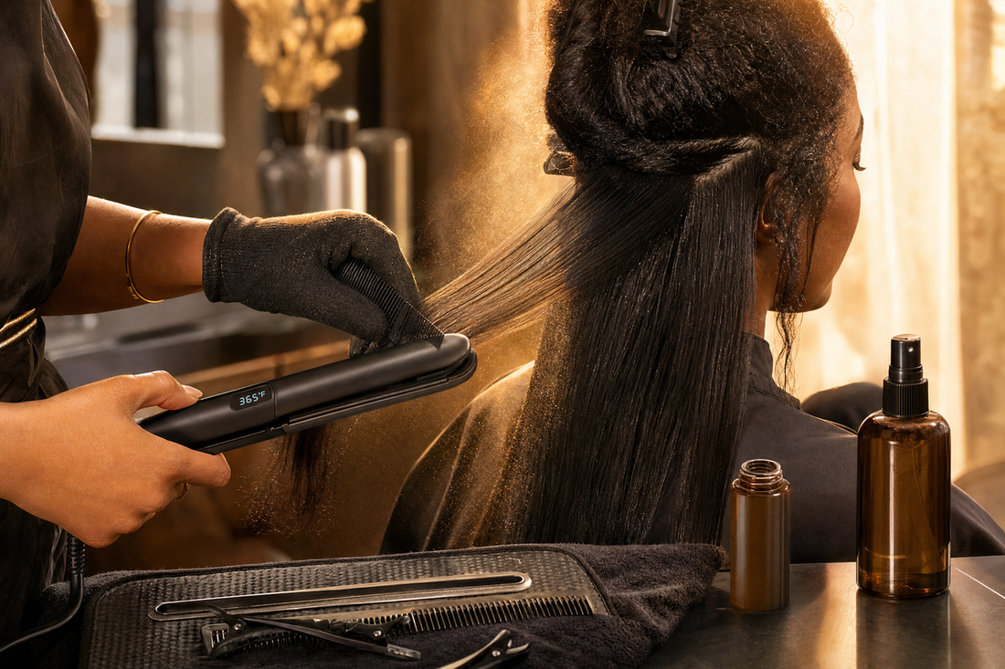 Stylist straightening a client's sectioned hair beside a local exhaust ventilation unit in a bright professional salon