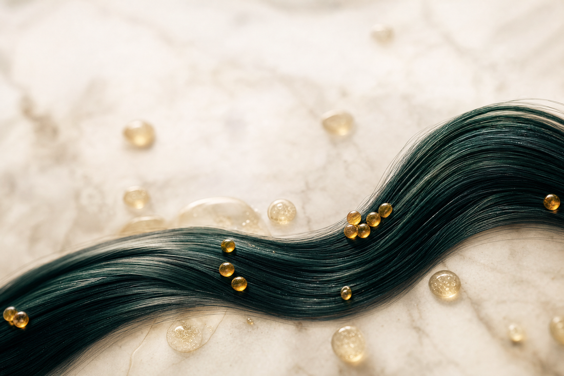 Glossy smooth hair beside a professional protein hair treatment product