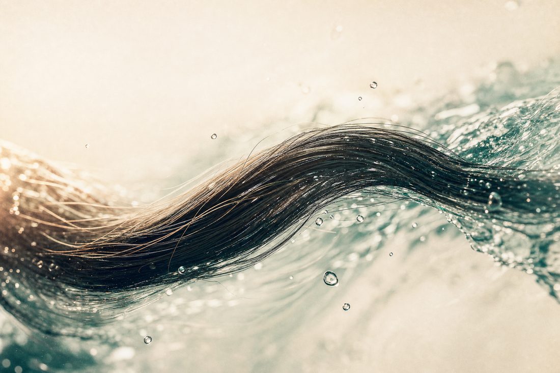 Glossy straight hair beside a formaldehyde-free protein hair treatment bottle