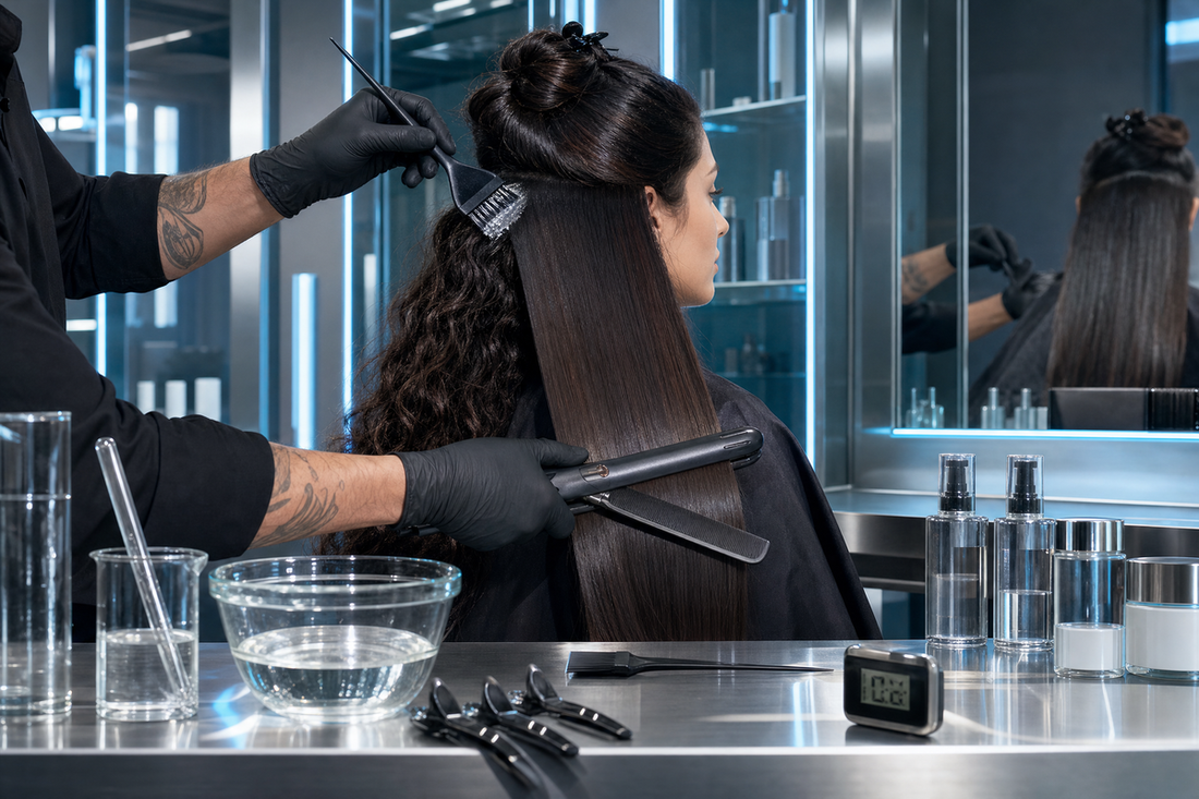 Stylist applying a smoothing treatment to sectioned hair in a bright, well-ventilated professional salon