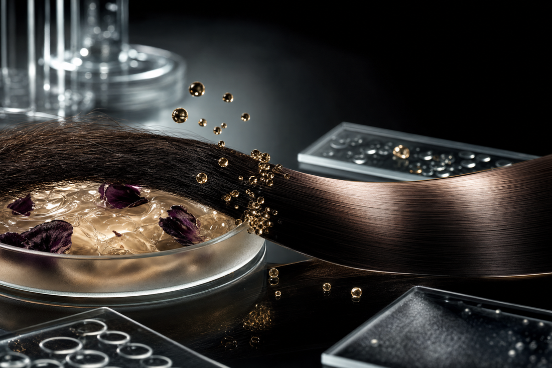 Glossy smooth hair strands beside a formaldehyde-free keratin smoothing treatment bottle