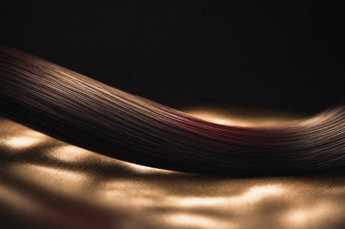 Glossy straight brown hair beside formaldehyde-free smoothing treatment bottles