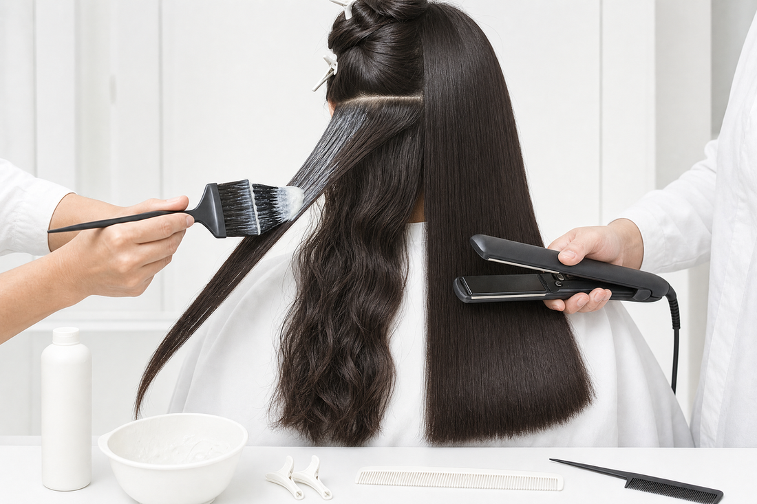 Stylist applying a smoothing treatment to sectioned hair beside bowls, brushes, gloves, and professional hair care bottles in a salon