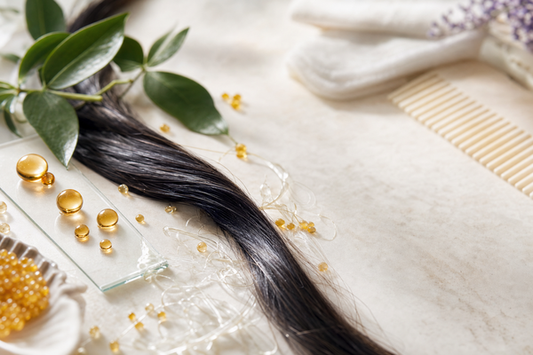 Woman applying a formaldehyde-free keratin treatment at home with sectioned hair and professional smoothing products