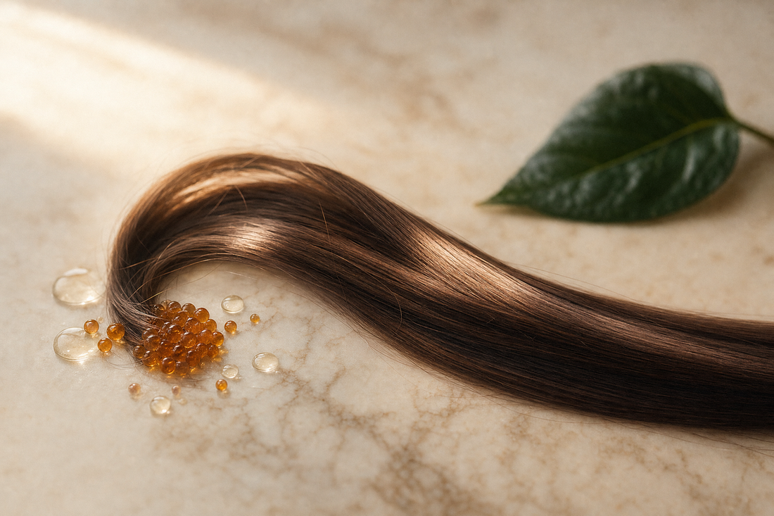 Glossy straight hair beside formaldehyde-free Brazilian keratin products