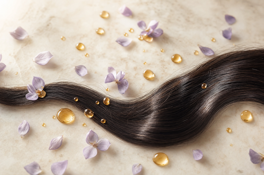 Glossy straight hair beside formaldehyde-free smoothing and aftercare products