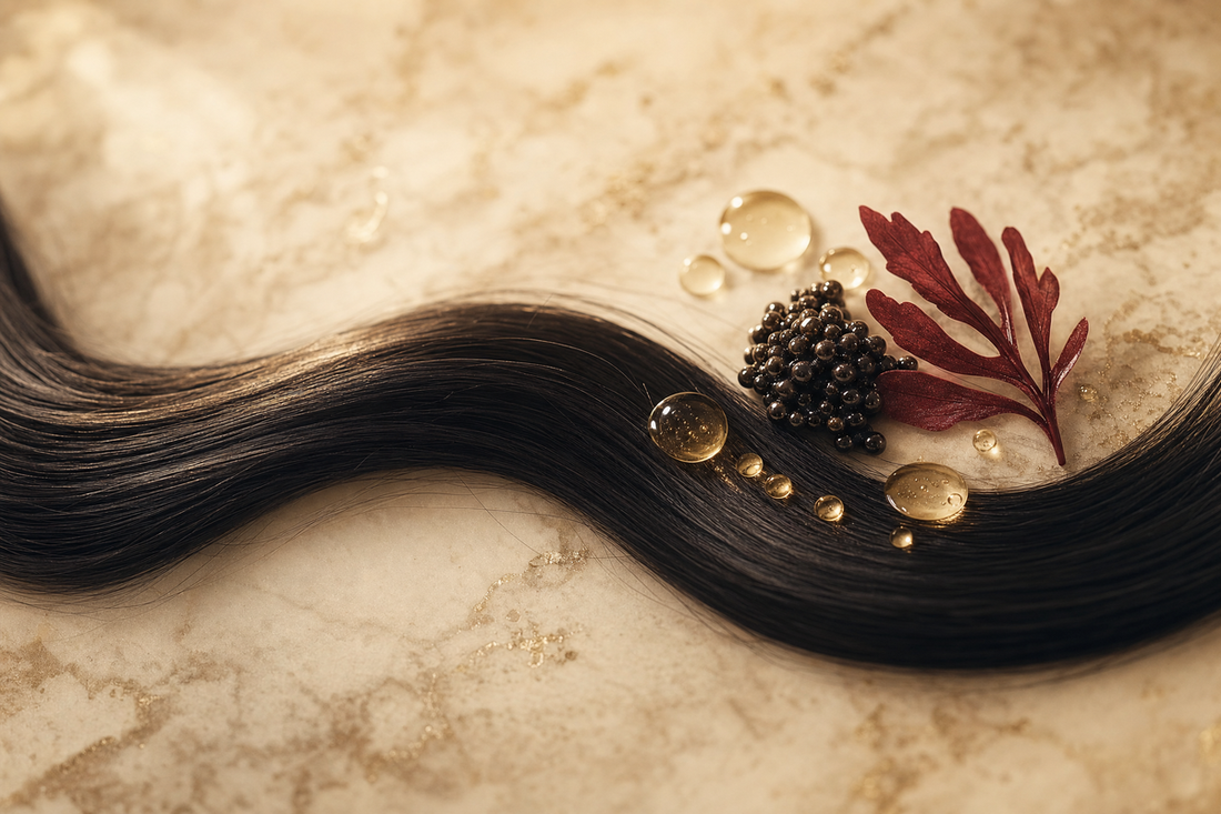 Glossy straight hair beside formaldehyde-free smoothing treatment bottles