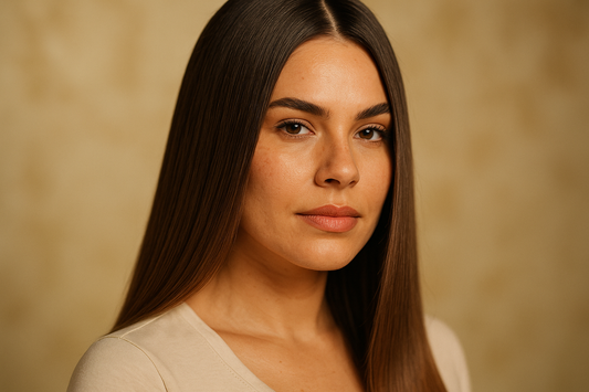 Woman comparing hair straightening treatment options for different hair types in a professional salon
